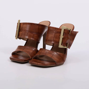 Zury - Tamanco Elegante Feminino Salto Alto Mule Fivela Caramelo