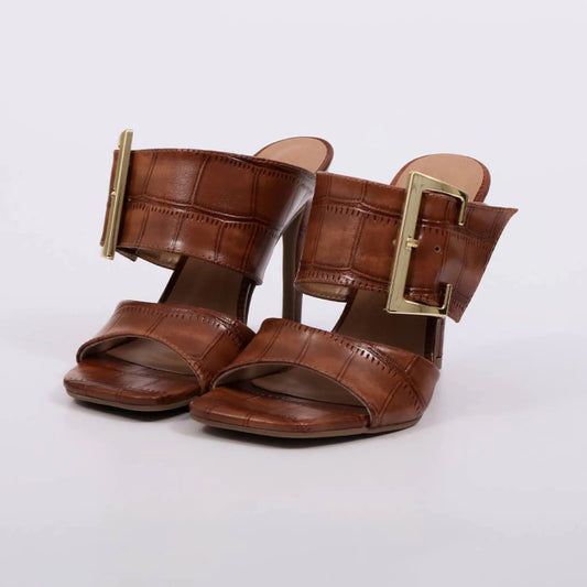 Zury - Tamanco Elegante Feminino Salto Alto Mule Fivela Caramelo