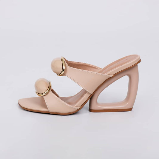 Saara - Tamanco Feminino Bico Quadrado Salto Geométrico Bege