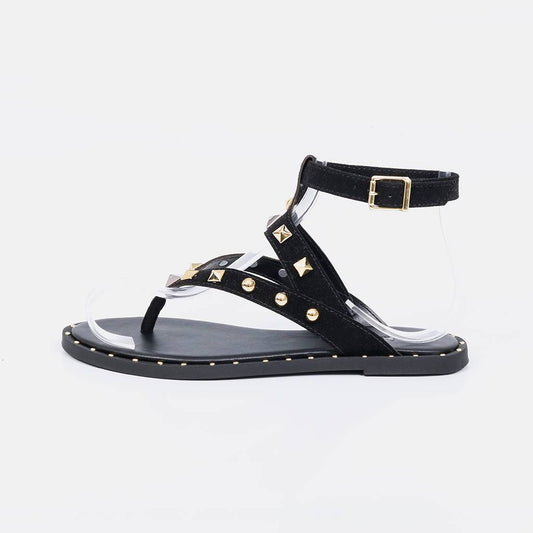 Rita - Sandália Rasteira Feminina Tachas e Fivela Preto