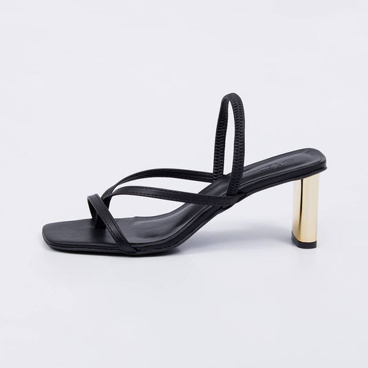 Montreal - Sandália Feminina Tiras Finas Salto Dourado Preto