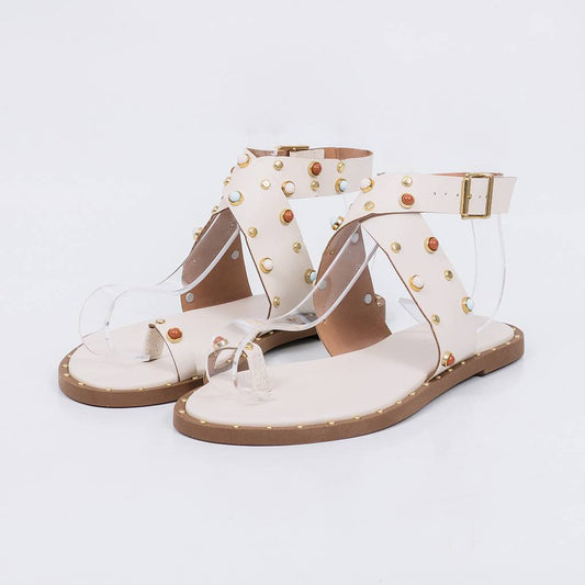 Sue - Sandália Rasteira Feminina Tiras Grossas Aplicação Off-white