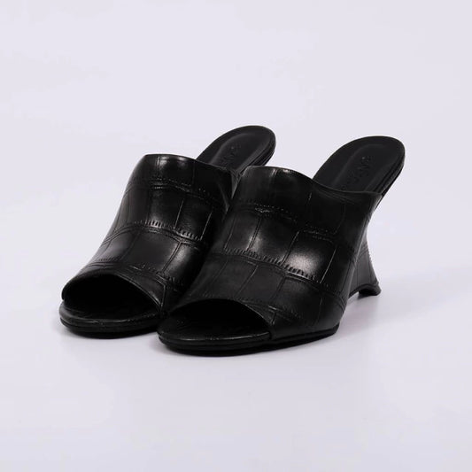 Suzy - Tamanco Feminino Salto Anabela Textura Croco Preto