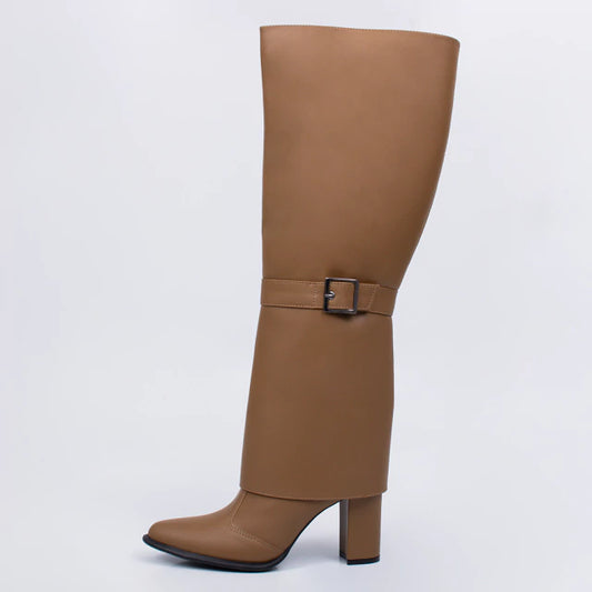 Elisa - Bota Feminina Dobrada Bico Redondo Salto Grosso Cano Longo Marrom Claro