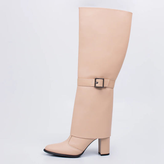 Elisa - Bota Feminina Dobrada Bico Redondo Salto Grosso Cano Longo Bege