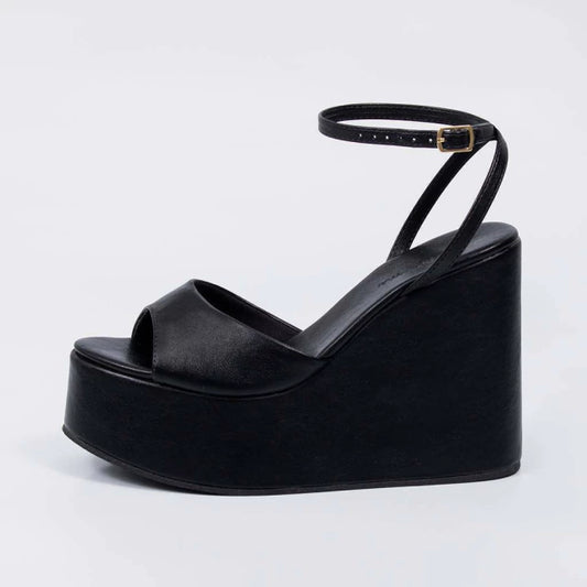 Ester - Sandália Anabela Feminina Plataforma Tira Fina Preto