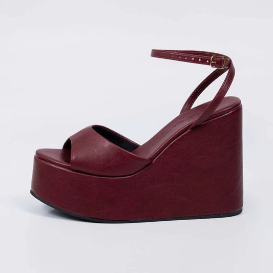 Ester - Sandália Anabela Feminina Plataforma Tira Fina Vermelho