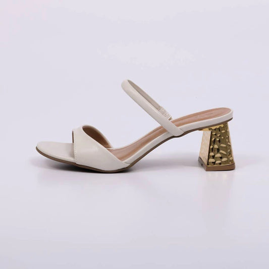 Liz - Tamanco Feminino Salto Bloco Dourado Tiras Off-white