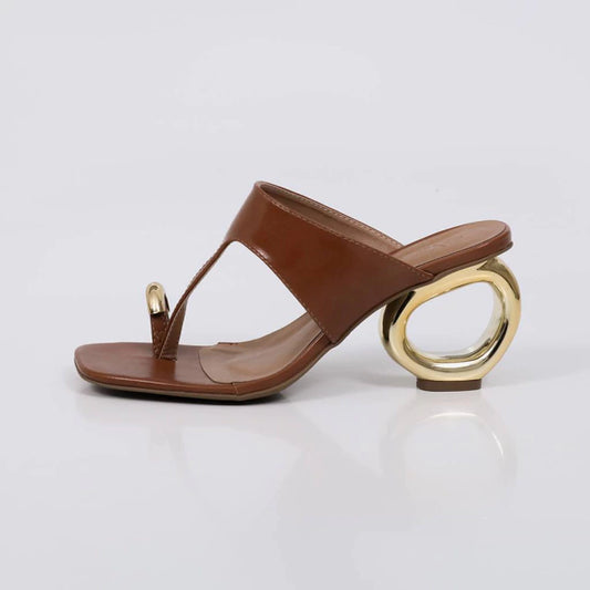 Oliva - Tamanco Feminino Salto Circular Dourado Caramelo