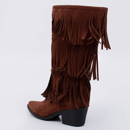 West - Bota Feminina Texana Cano Médio Camurça Franjas Marrom