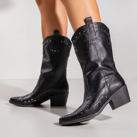 Lorena - Bota Feminina Texana Country Cano Médio Aplicação Preta