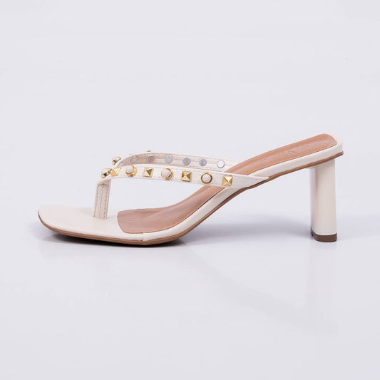 Cléo - Tamanco Feminino Tiras Salto Grosso Aplicação Off-white