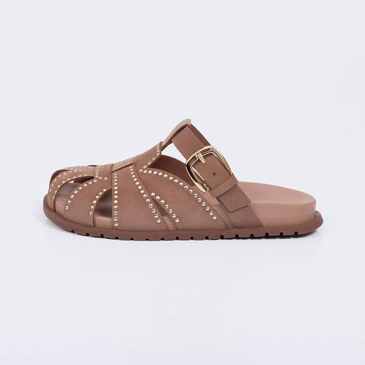 Fortaleza - Clog Feminina Anatômica Tachas Fivela Bege