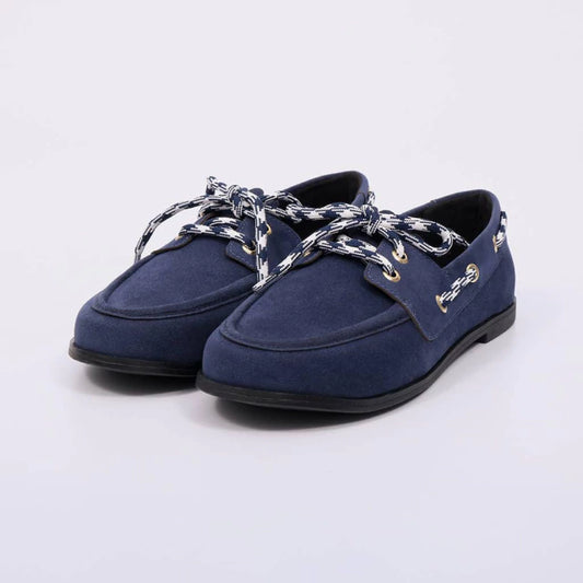 Sara - Mocassim Feminino Flat Amarração Camurça Azul Escuro