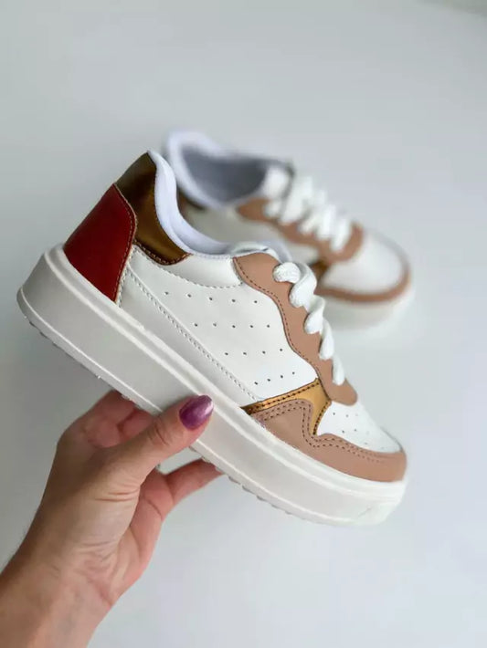 Sydney - Tênis Feminino Casual Cadarço Plataforma Branco/Nude