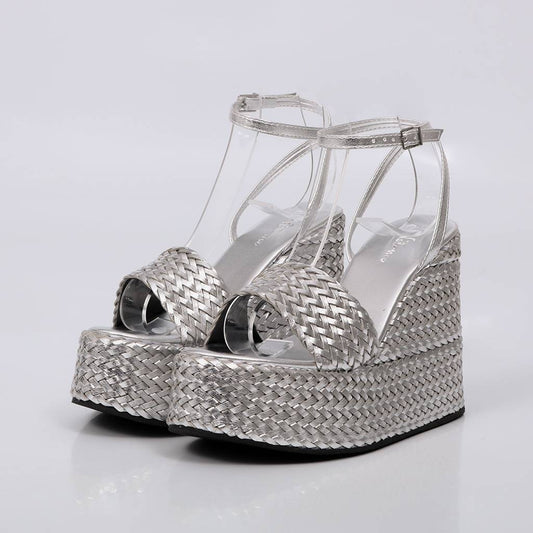 Vegas – Sandália Anabela Feminina Plataforma Trançada Prateado