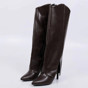 Julian - Bota Feminina Cano Longo Dobrada Salto Fino Marrom