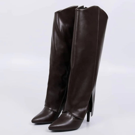 Julian - Bota Feminina Cano Longo Dobrada Salto Fino Marrom
