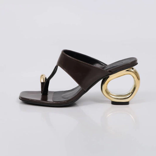 Oliva - Tamanco Feminino Salto Circular Dourado Marrom
