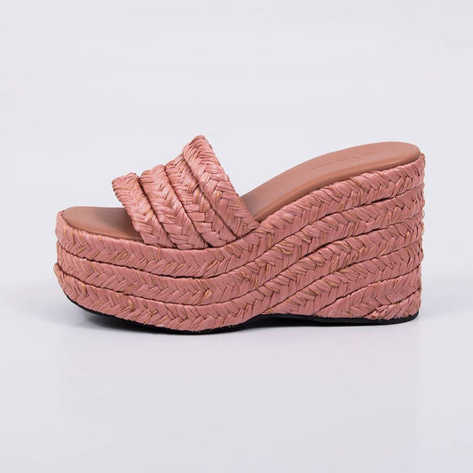 Maitê - Tamanco Feminino Anabela Plataforma Tiras Palha Rosa