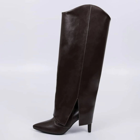 Julian - Bota Feminina Cano Longo Dobrada Salto Fino Marrom
