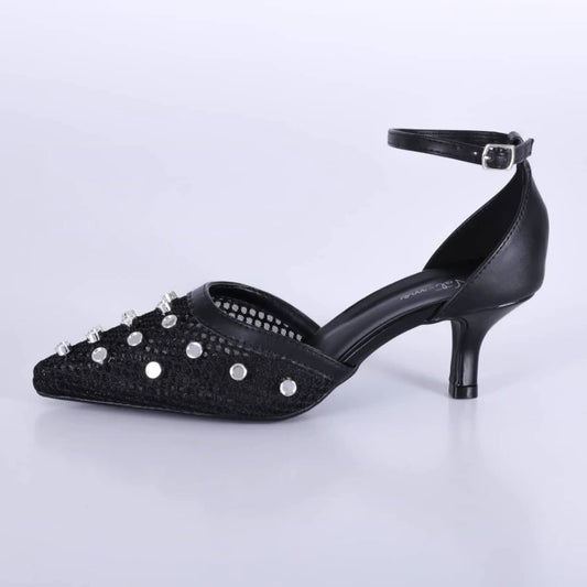 Cristal - Scarpin Feminino Bico Fino Salto Baixo Tela Aplicações Preto