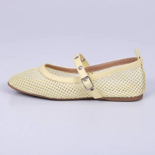 Dora - Sapatilha Feminina Bico Quadrado Fivela Tela Amarela