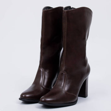 Coral - Bota Feminina Cano Médio Salto Bloco Bico Fino Marrom