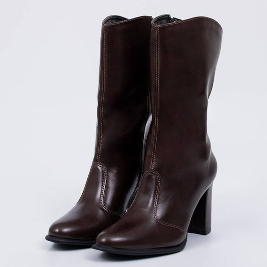 Coral - Bota Feminina Cano Médio Salto Bloco Bico Fino Marrom
