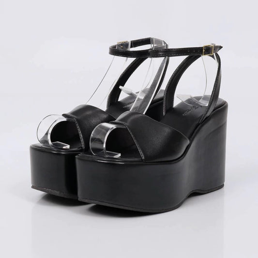 Mônaco - Sandália Feminina Plataforma Meia Pata Fivela Preto