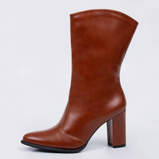 Coral - Bota Feminina Cano Médio Salto Bloco Bico Fino Marrom Caramelo