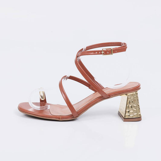 Kiara - Sandália Feminina Salto Bloco Tiras Salto Cromado Caramelo