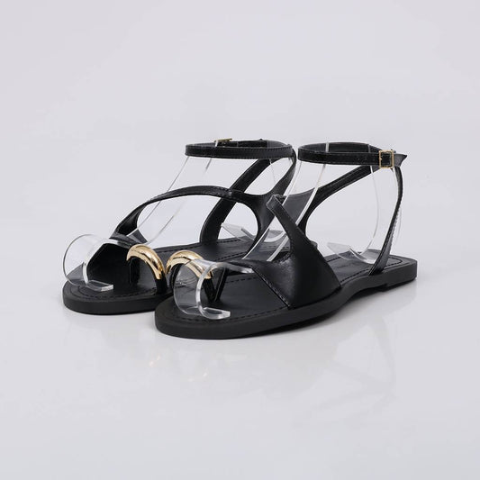 Malta - Sandália Rasteira Feminina Tiras Dedal Dourado Preto
