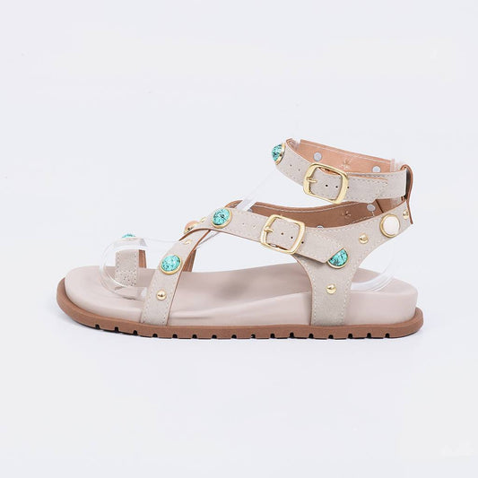 Troia - Papete Sandália Feminina Pedras Fivelas Off-white