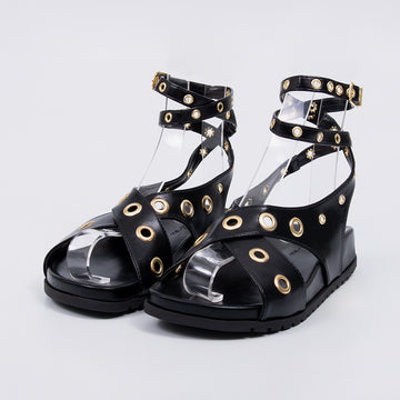 Mia - Sandália Papete Feminina Anatômica Ilhós Dourado Preto