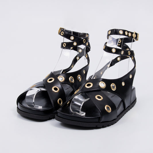 Mia - Sandália Papete Feminina Anatômica Ilhós Dourado Preto