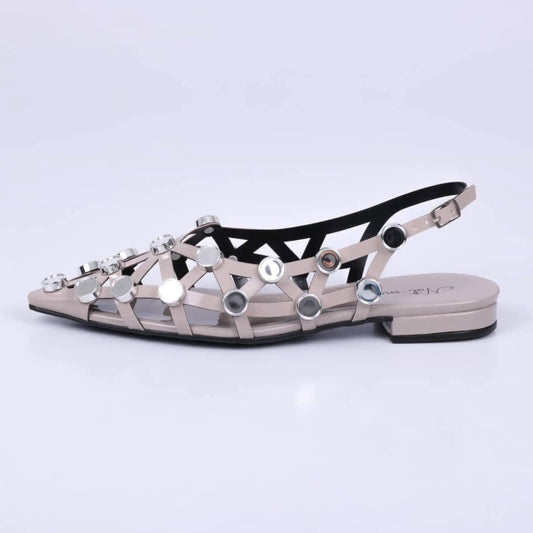 Sibeli - Slingback Feminina Bico Fino Aplicação Cinza