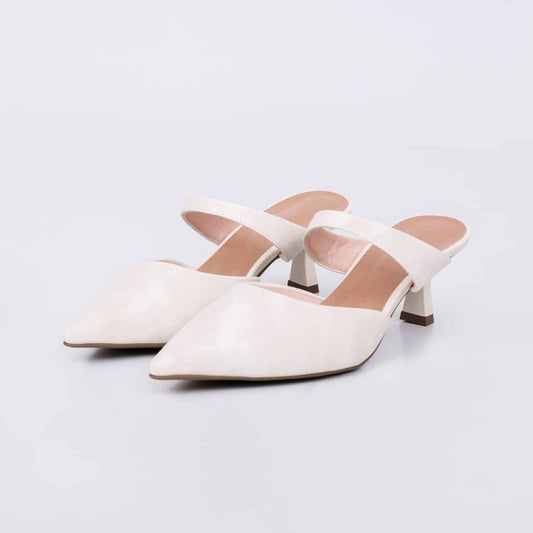 Kate - Mule Feminino Bico Fino Salto Kitten Heels Camurça Off-White