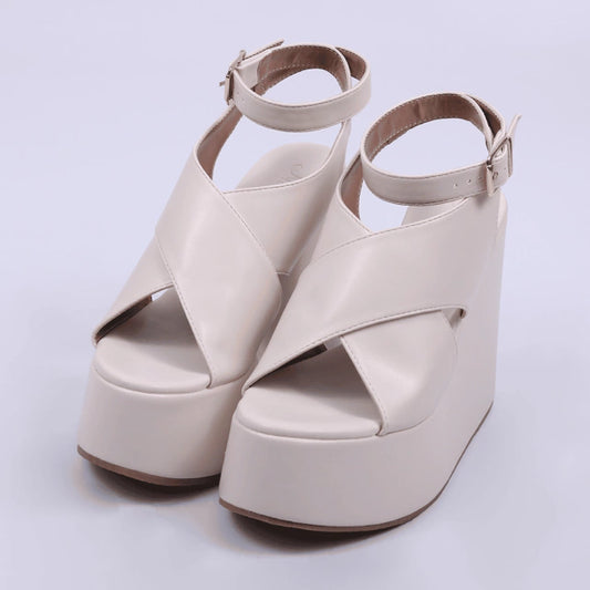 York - Sandália Feminina Anabela Plataforma Off-White