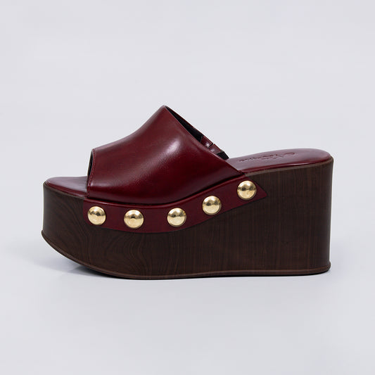 Giza - Tamanco Anabela Feminina Plataforma Tachas Douradas Vermelho