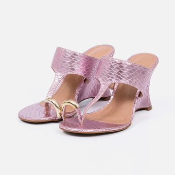 Milão - Tamanco Feminino Salto Anabela Tira Cromado Rose