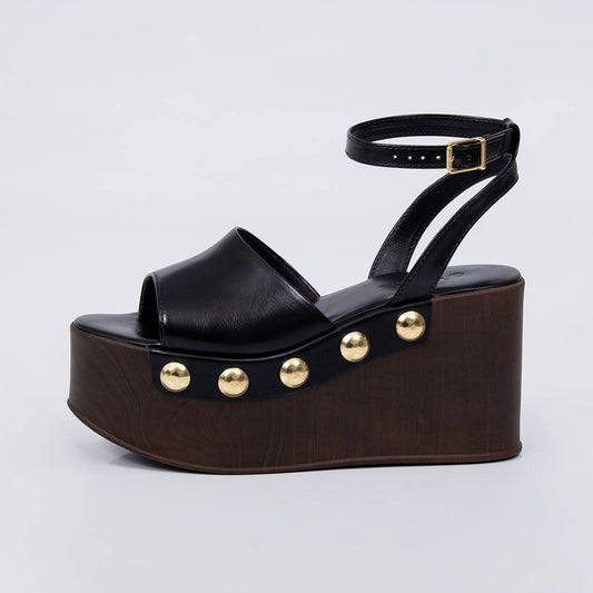 Marrocos - Sandália Feminina Anabela Tachas Douradas Preto