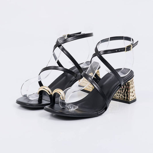 Kiara - Sandália Feminina Salto Bloco Tiras Salto Cromado Preto