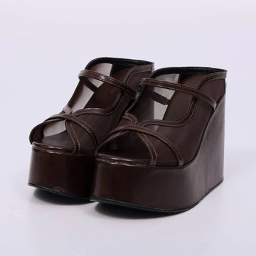 Heloise – Tamanco Feminino Plataforma Anabela Tiras Marrom Escuro