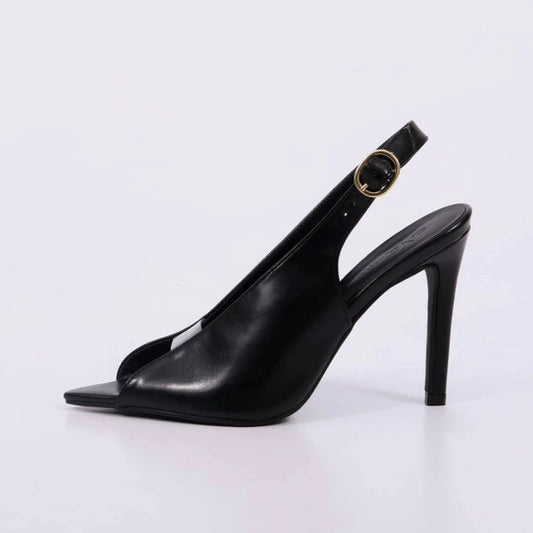 Valen – Sandália Feminina Slingback Salto Fino Bico Aberto Preto