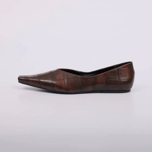 Bianca - Sapatilha Feminino Flat Bico Fino Croco Marrom Escuro