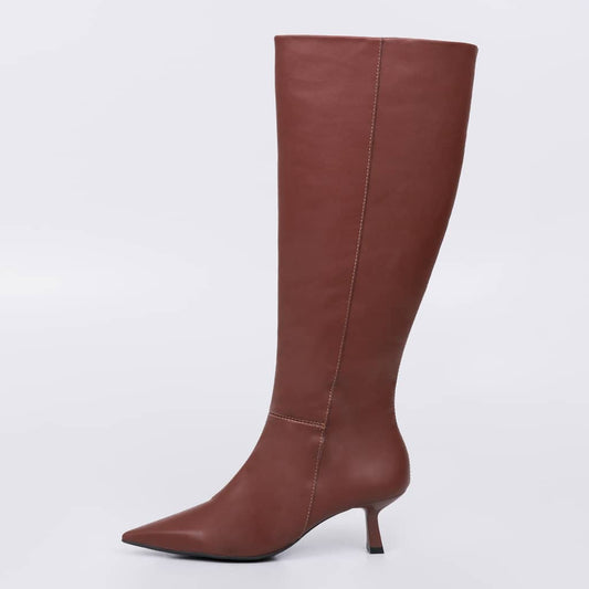 Nápoles - Bota Feminina Bico Fino Salto Taça Cano Alto Marrom