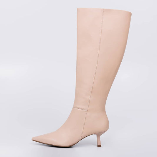 Nápoles - Bota Feminina Bico Fino Salto Taça Cano Alto Nude