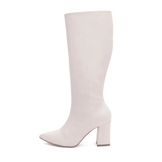 Talita - Bota Feminina Bico Fino Salto Grosso Cano Alto Off White